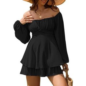 Linsery Womens Ruffle Long Sleeve Short Rompers Sexy Layered Tie Waist Chiffon One Piece Outfits Solid Jumpsuit XL