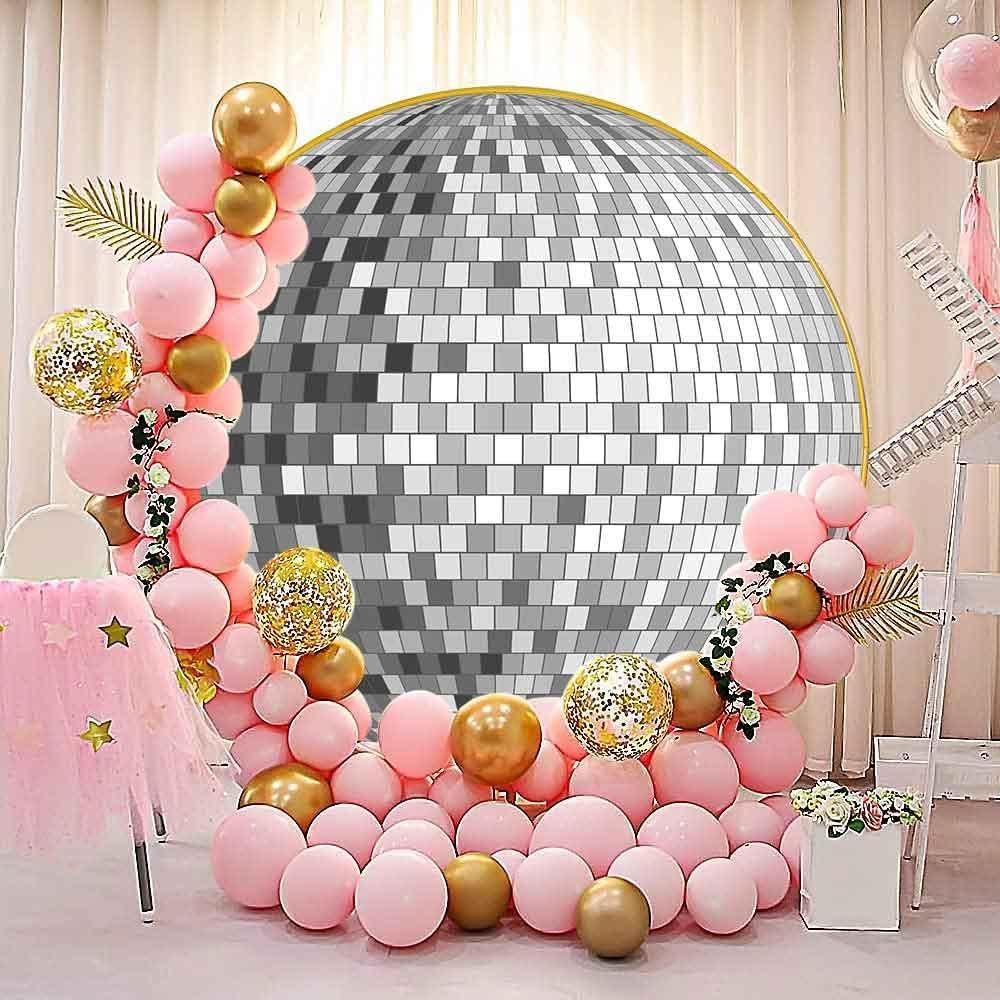 Silver Mirror Ball Round Backdrop Cover, 7.2ft Polyester 70s Disco Party Circle Backdrop, Chic Circular Dance Party Banner Decor Photo Booth Prop YMBXTPH156