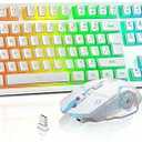 Wireless Gaming Keyboard and Mouse Combo - RGB Backlit, Rechargeable, Ergonomic, for Gaming Work, Long-Lasting Built-in Battery (White)
