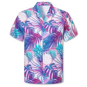 Cromoncent Boys' Funky Cuban Collar Shirt, Breathable Button-Up Summer Beach Shirt for Vacation,Neon Purple,8-9Y