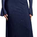 KUTUMAI Women Off Shoulder Bodycon Maxi Dress Long Sleeve Mesh Ruched Party Formal Wedding Guest Dresses (Navy, M)