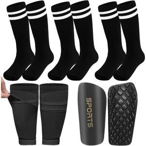 5PCS Kids Soccer Socks with Shin Guards and Shin Sleeves Set for for Age 5-12 Boys Girls Lightweight Soccer Football Equipment (Medium, Black)