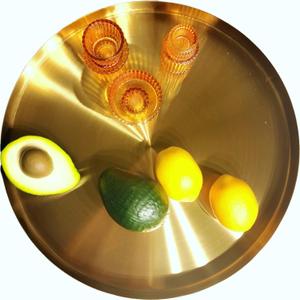 I-LAN 14" Round Gold Metal Serving Tray, Deep Decorative Vanity Tray for Bathroom & Dresser, Modern Circle Perfume Organizer and Coffee Table Accent (Deep Gold)