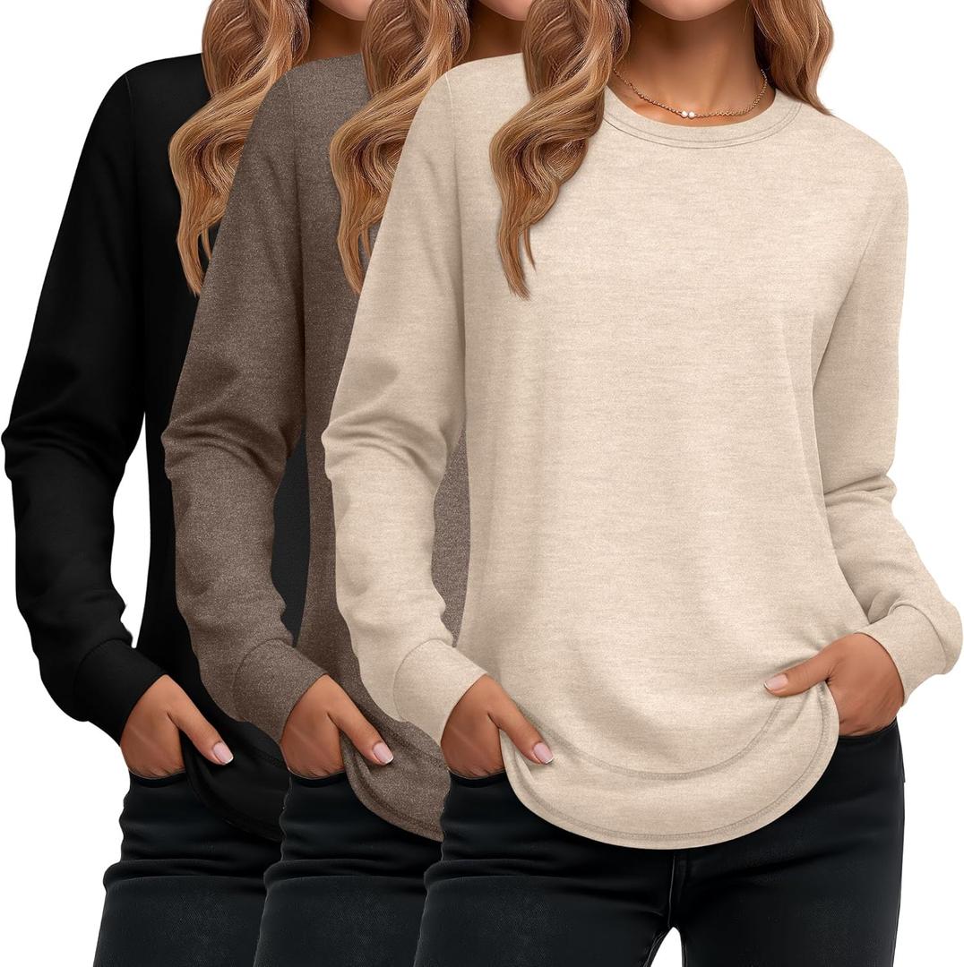 Ficerd 3 Pack Women's Long Sleeve Shirts, Cotton Crew Neck Tunic Tops Casual Loose Fit Pullover Sweatshirts Curved Hem Shirts (Large, Black, Brown, Apricot)