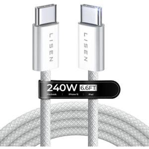 LISEN USB C to USB C Cable 240W USBC to USBC Cable PD Fast Charging Type C Cable USB C Charger Cable for iPhone 16 MacBook Pro iPad Pro Matebook Chromebook Pixel Samsung S24 Switch (White-1pack)