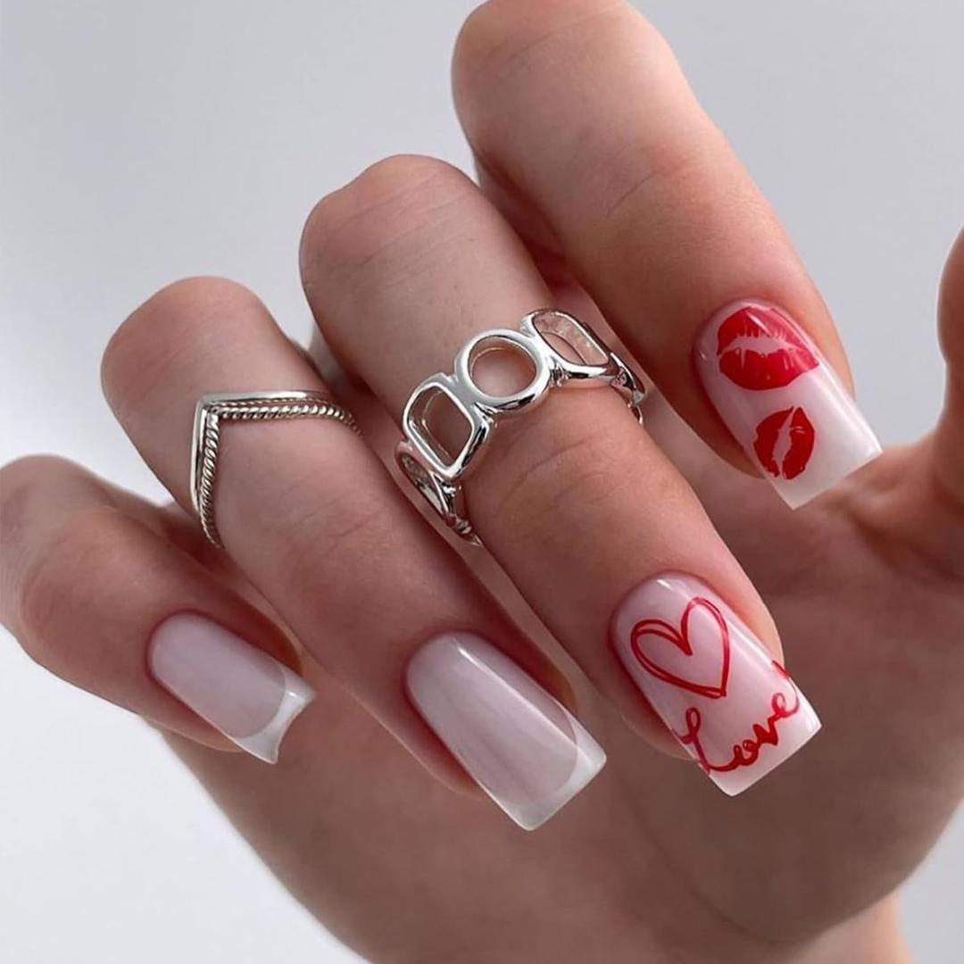 Valentines Day Press on Nails French Tip Fake Nails Medium Square False Nails Lip Heart Acrylic Nails Love Heart Stick on Nails White Nail Tip Full Cover Glue on Nails Cute Stick on Nails for Women