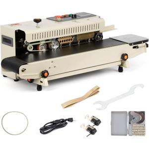 U.S. Solid Continuous Band Sealer with Date Coder & Counter, Automatic Horizontal Bag Sealing Machine for Coffee, Food, PVC & Mylar Bags, Digital Temp Control, 13mm, 0-16 m/min, 110V/60Hz, 0.02-0.1mm