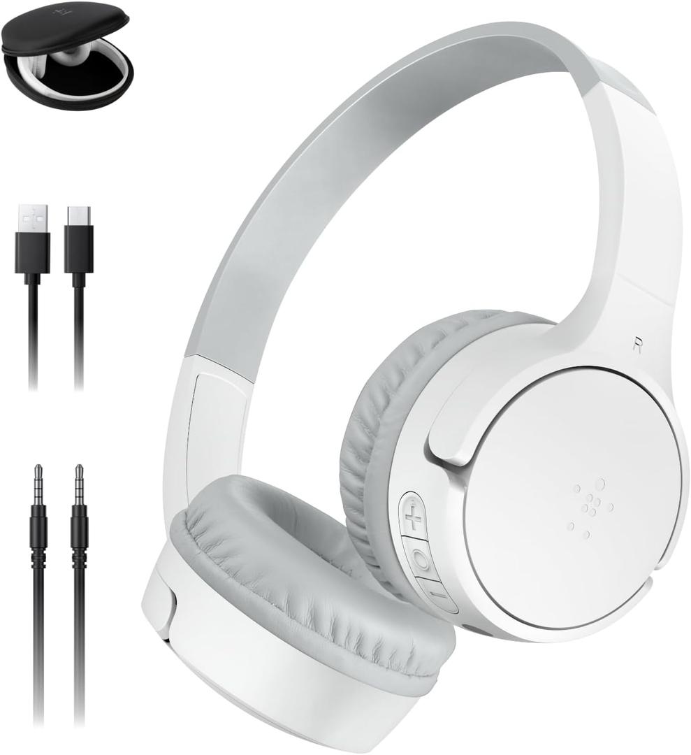 Belkin SoundForm Mini Kids Wireless Headphones w/Built-in Microphone, 30H of Playback Time, Fun Stickers, & Case - Over-Ear Headsets for Online Learning, School, iPhone, iPad, Galaxy, & More - White