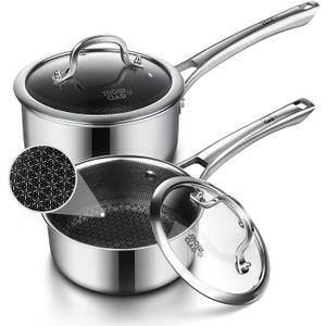 Sauce pan with lid,1.5 Quart & 2.5 Quart Hybrid Nonstick Sauce pans set, Stainless Steel cookware, non stick Pots PFOA Free, Works on Induction, Ceramic and Gas Cooktops