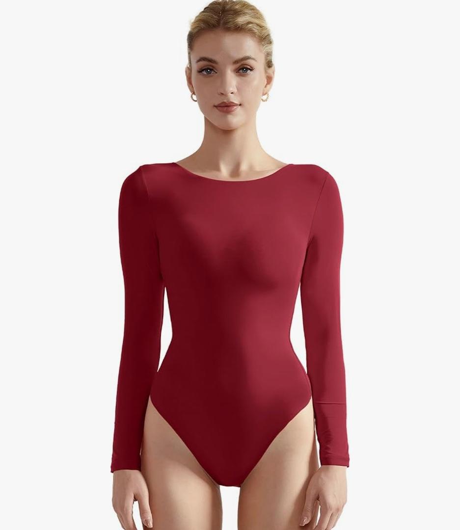SUUKSESS Women Crew Neck Long Sleeve Bodysuit Sexy Thong Bodysuit Shirts.Xs