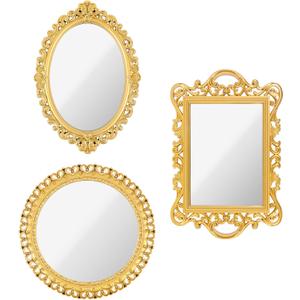 YEXEXINM 3 Styles Vintage Gold Mirror Set Decorative Antique Mirrors for Wall Hanging Vanity Table Mirrors with Stand Resin Frame Retro Mirror for Living Room, Bedroom, Dresser & Photography Decor
