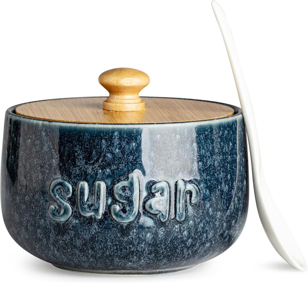 LYEOBOH Sugar Bowl with Lid and Spoon,17 OZ Large Sugar Jar for Countertop, Ceramic Sugar Dish for Coffee Bar, Azucarera for Farmhouse Home and Kitchen - Housewarming Gift, Starry Navy