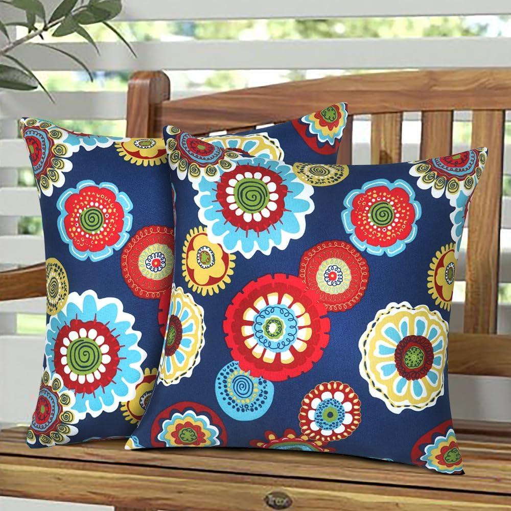 Magpie Fabrcis Pack of 2 Outdoor Waterproof Throw Pillow with Insert 18 x 18 Inch, Christmas Decorative Back Cushion Pad for Garden Patio Tent Balcony Couch Sofa(Floral Navy)