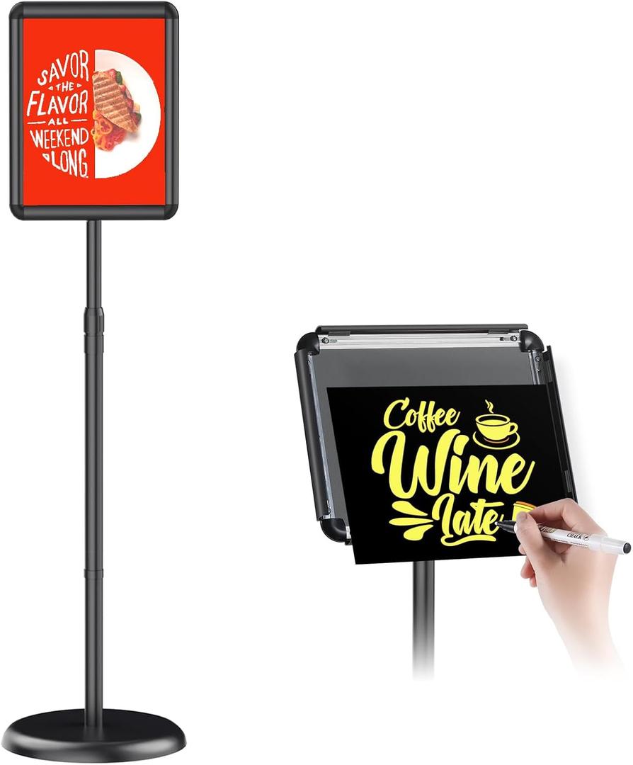 Adjustable Pedestal Floor Stand Sign Holder for 8.5*11 inches Poster or chalk board, Snap open frame,360 Rotation,Outdoor Indoor Standing Display Sign Holders for advertising ,Black