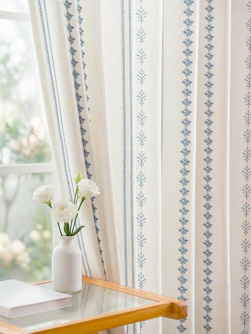 THREE GIRLS Pinch Pleated Navy Blue Floral Block Print Curtains 84 Inches Long, Vintage Farmhouse Linen Blend Drapes for Bedroom Living Room, 2 Panels Set, 40"W x 84"L