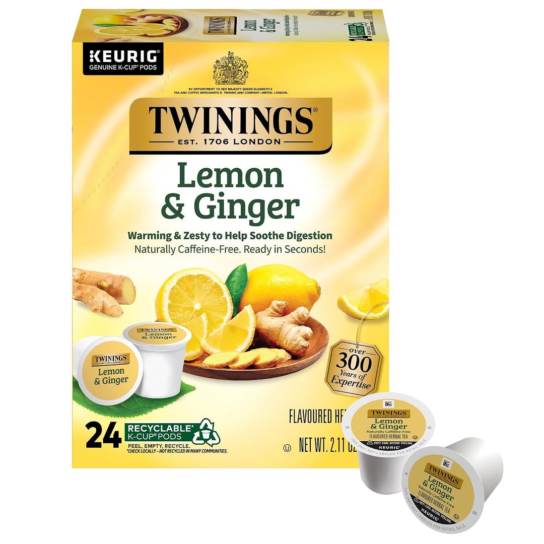 Twinings Lemon & Ginger Herbal Tea K-Cup Pods for Keurig, 24 Count (Pack of 1), Tangy & Spicy, Naturally Caffeine-Free, Enjoy Hot or Iced (EXP 02/14/29)