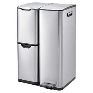 Garvee 3in1 Trash Can, 16 Gal Triple Compartment Garbage Cans for Kitchen, Stainless Steel Trash and Recycle Bin Combo with Lid, Plastic Inner Buckets, Foot Pedals for Office Home, Silver