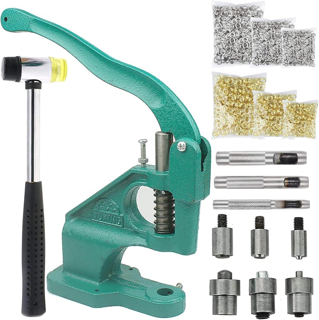 Hand Press Grommet Machine Tarp Grommet Tool Kit Heavy Duty Grommet Press with Punch Hole Tool, Rubber Hammer,3 Dies (#0#2#4),3000Pcs Sliver/Gold Grommets(1/4 3/8 1/2 inch) for Fabric Curtains Kit (Green)