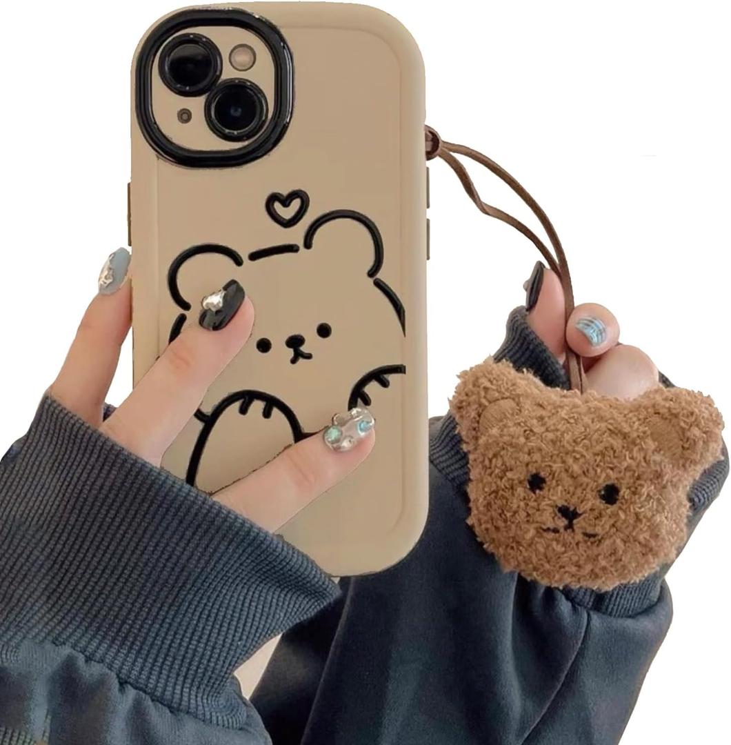 Cute Brown Teddy Bear Pattern Phone Case with Kawaii 3D Cartoon Bear Hangings iPhone X/XS, Non-Slip Design and Shock Absorption, Phone Case for Teen Girls, Boys, Women and Men(iPhone - X/XS)