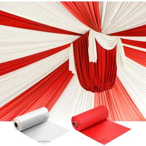 Moukeren 40'' x 100' Circus Tablecloth Roll Plastic Tablecloth Disposable DIY Carnival Tent Party Supplies for Big Top Tent Backdrop Curtains Ceiling Wall Drapes(White, Red,2 Roll)