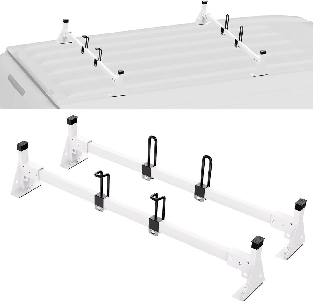 VEVOR 54" Van Roof Ladder Racks, 600 lbs Capacity Heavy-Duty Steel Roof Racks for Van, Drilling Racks with Straps, Fit for Ford Transit 150, 250, 350, 2015-2022, 2 Bars (2 Bars, White)