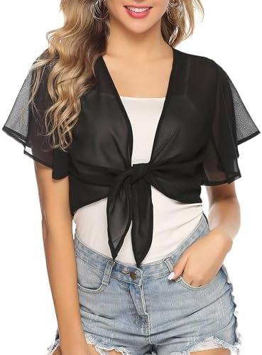 iClosam Women Tie Front Chiffon Shrug Short Sleeve Cropped Sheer Bolero Shrug Cardigan L