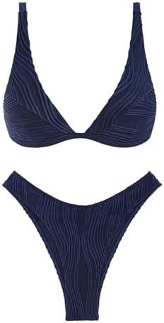 ZAFUL Bikini Sets for Women Triangle Textured Plunging High Cut Cheeky Bikini Swimsuits Two Piece Bathing Suits, M