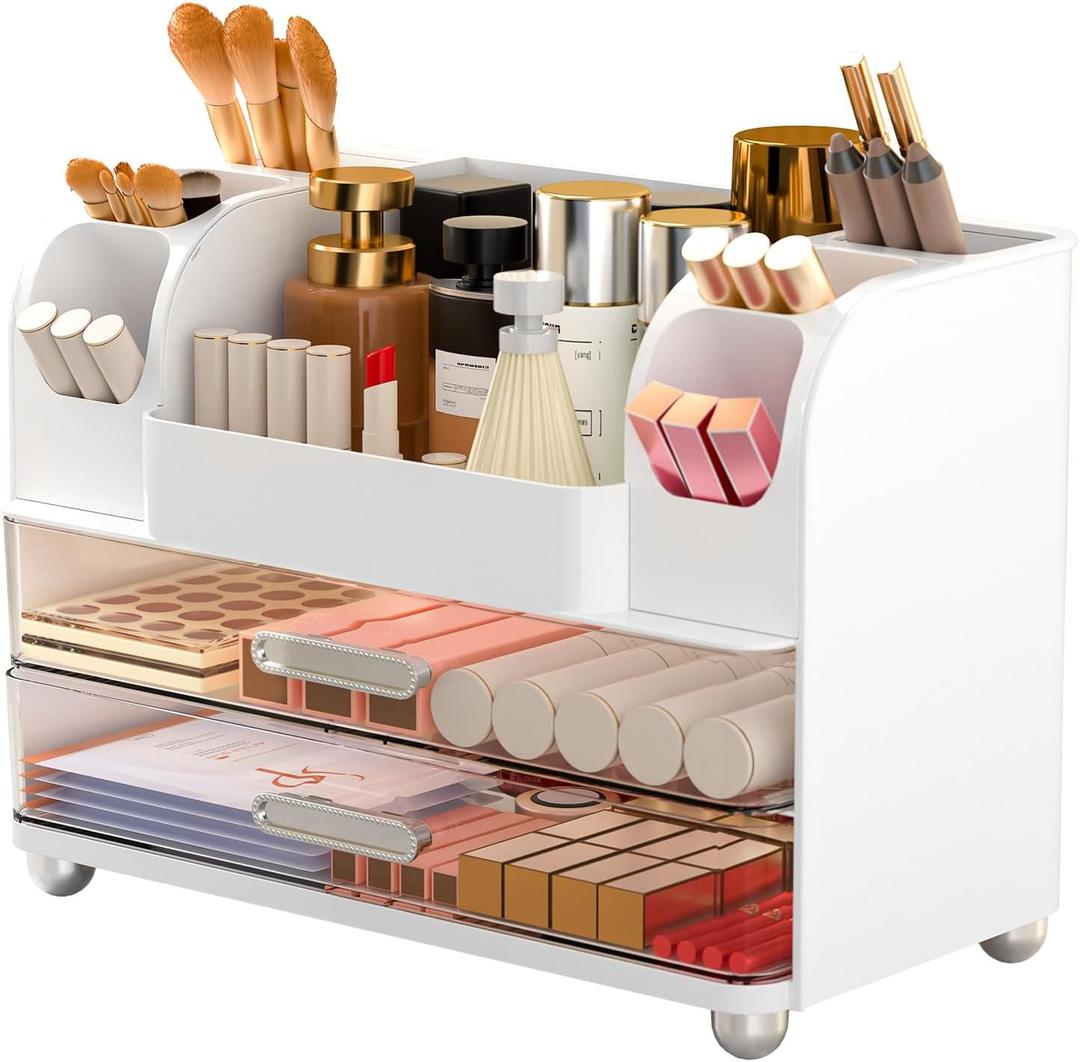 Makeup Organizer Countertop with 2 Large Drawers, Vanity Organizer with Brush Holder, Skin Care Storage for Dresser, Perfume Organizer for Lotion, Lipsitck, Palette (White)