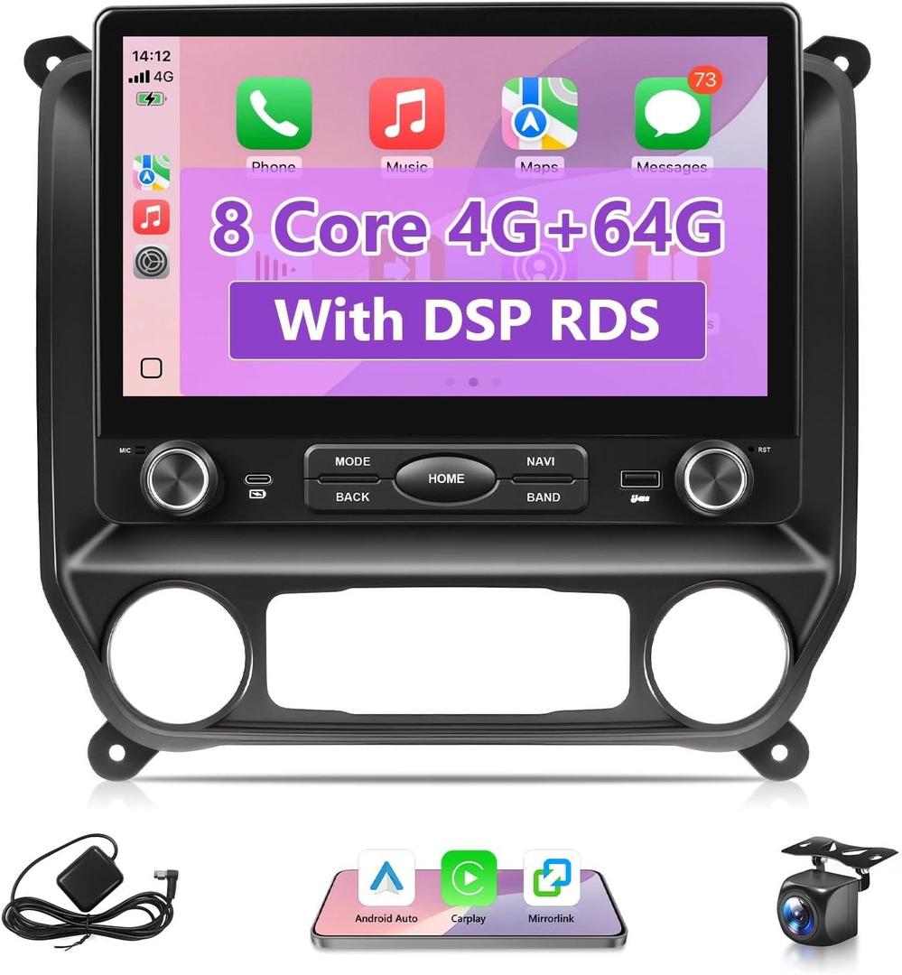 10.2" 4G+64G Car Radio for 2014 to 2018 Chevy Silverado WT LS Custom GMC Sierra Base SLE, Wireless CarPlay Android Auto,Touchscreen, 5G WiFi GPS Navigation, Backup Camera, FM RDS, DSP, SWC