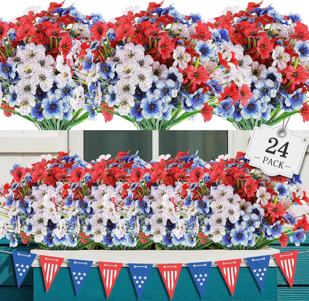 24 Bundles Artificial Flowers for Outdoor,No Fade Fake Plastic Flowers for Garden Porch Window Box Home,Red White Blue Faux Plants for 4th of July Memorial Day Independence Day Patriotic Decor (Mix 3 Colors)