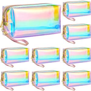 Dunzy 8 Pcs Holographic Iridescent Clear Makeup Bags with Zipper Travel Cosmetic Pouches with Wrist Loop Waterproof Toiletry Organizer Case Home Office Beach Pouch Purse Diaper Vacation Gift Bag(L)