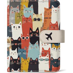 Passport Holder for Travel Essentials, RFID Blocking Leather Cover Wallet with Magnetic Closure, Aesthetic & Cute Passport Book Case for Women and Men - Cat