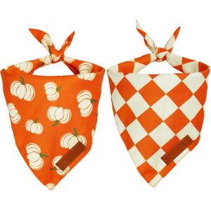 Realeaf Thanksgiving Fall Dog Bandanas 2 Pack, Orange Plaid Pumpkin Pet Scarf for Boy and Girl, Premium Durable Fabric, Holiday Halloween Bandana for Large and Extra Large Dogs(Fall, X-Large)