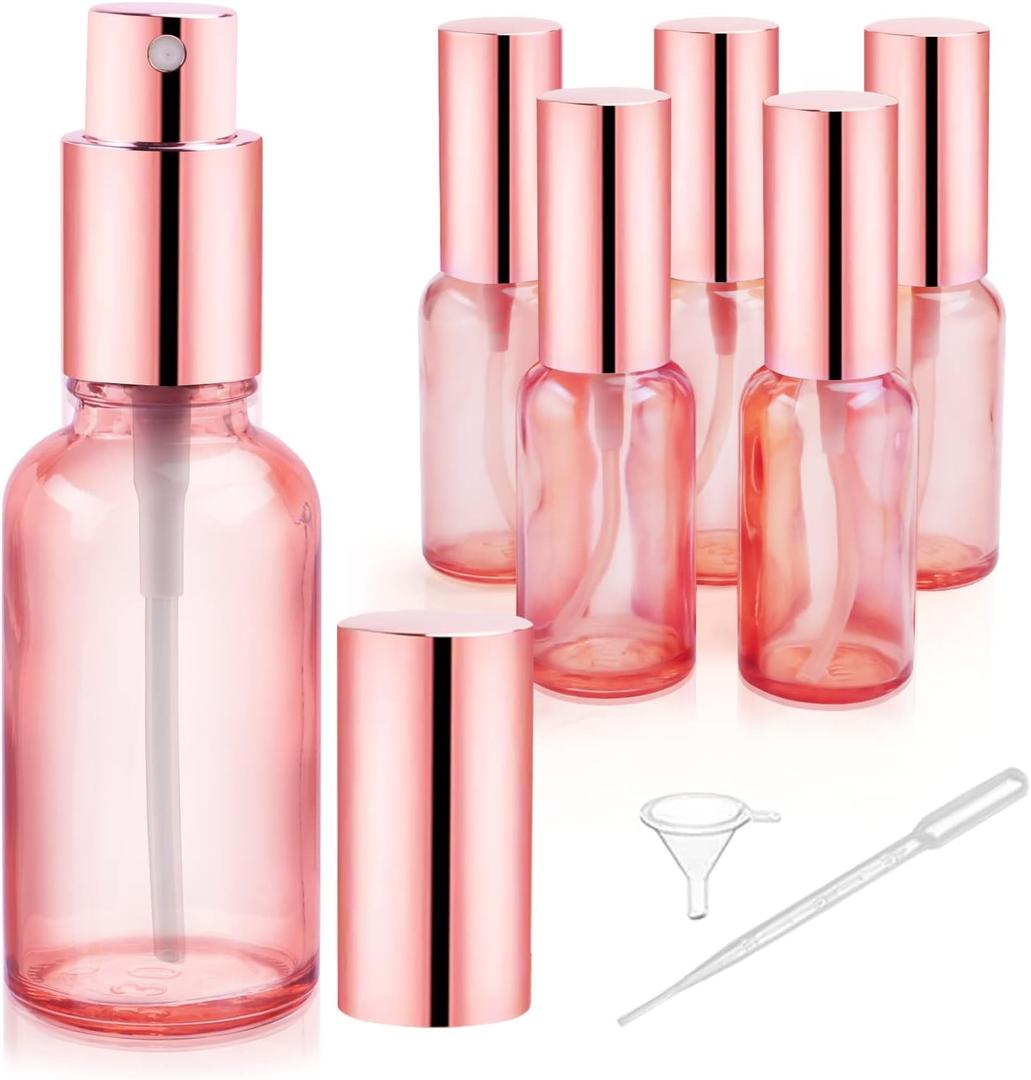 6 Pack 1 Oz Pink Glass Spray Bottles,Empty Perfume Fine Mist Atomizer,Rose-Golden Pump Head Travel Liquid Holder Containers for Cologne,Essential Oils,Body Sprays