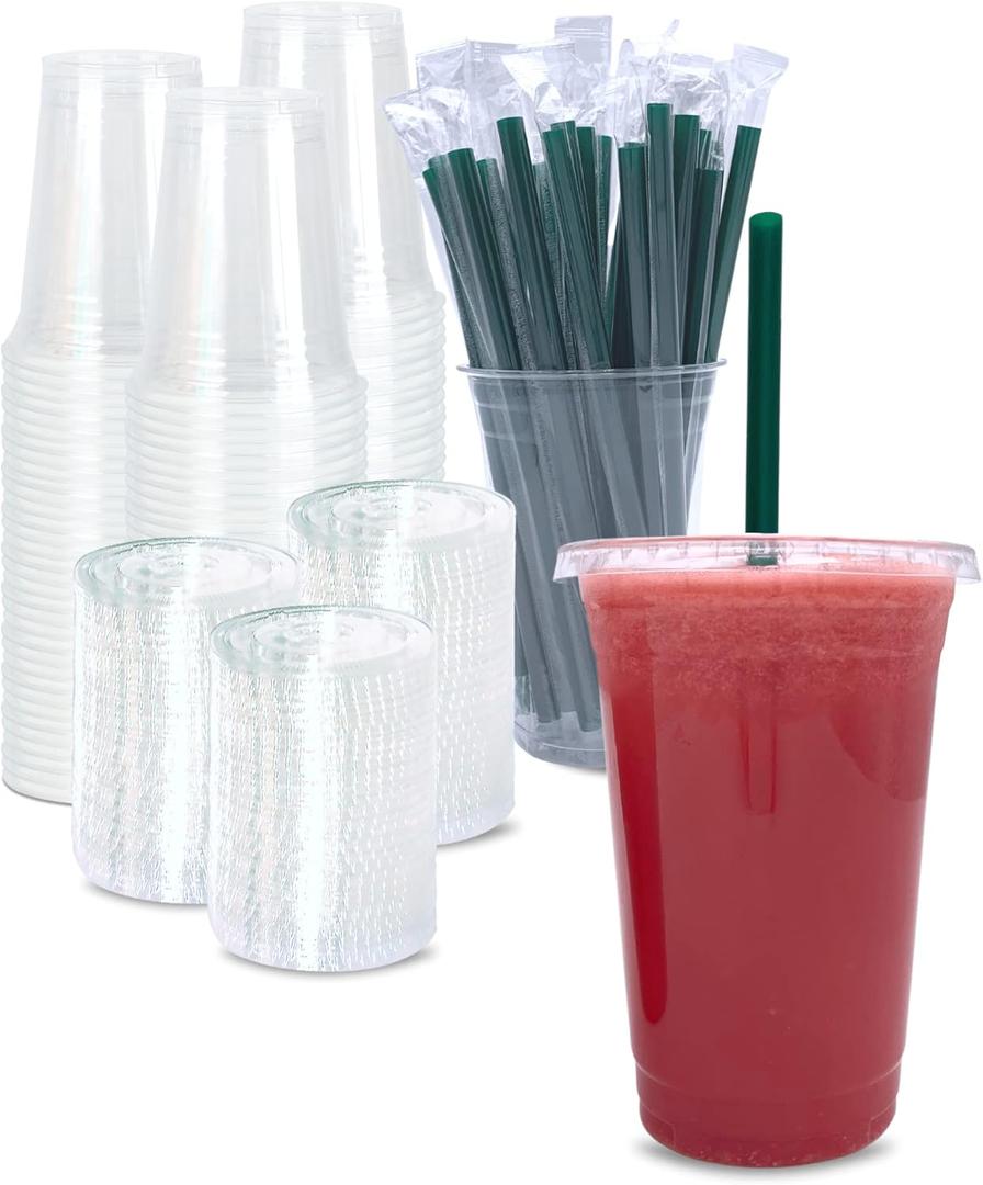 Charmount 100 Sets 20 oz Clear Plastic Cups with Lids and Straws, Disposable To Go Cups for Cold Drinks, Coffee Bar Accessories, Iced Coffee, Smoothies