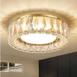 Suenigle Dimmable Modern Luxury Crystal LED Flush Mount Ceiling Light,11 Inch 24W/5CCT 3000K-6000K Gold Close to Ceiling Light Fixture r for Kitchen,Entryway,Laundry Room,Porch