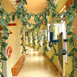 39pcs Jungle Theme Party Decorations 1 10ft Natural Moss Rope 1 10ft Artificial Rattans 36 Tropical Palm Leaves Ivy Fake Vines for Indoor Outdoor Tropical Rainforest Safari Rattan Party Decor