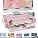 AUPSEN Computer Monitor Stands with Drawers and 2 Pen Holder, Desk Accessories & Workspace Desk Organizers, Monitor Stand for Computer, Laptop, Printer, Office Supplies,(Pink)