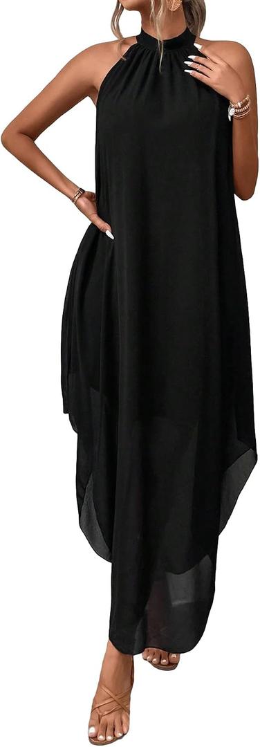 Verdusa Women's Wedding Guest Dress Halter Flowy Chiffon Asymmetrical Long Summer Prom Dress, Size Small