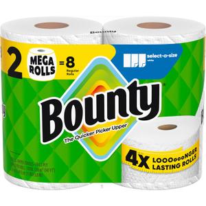 Bounty Select-A-Size Paper Towels, White, 2 Mega Rolls = 8 Regular Rolls