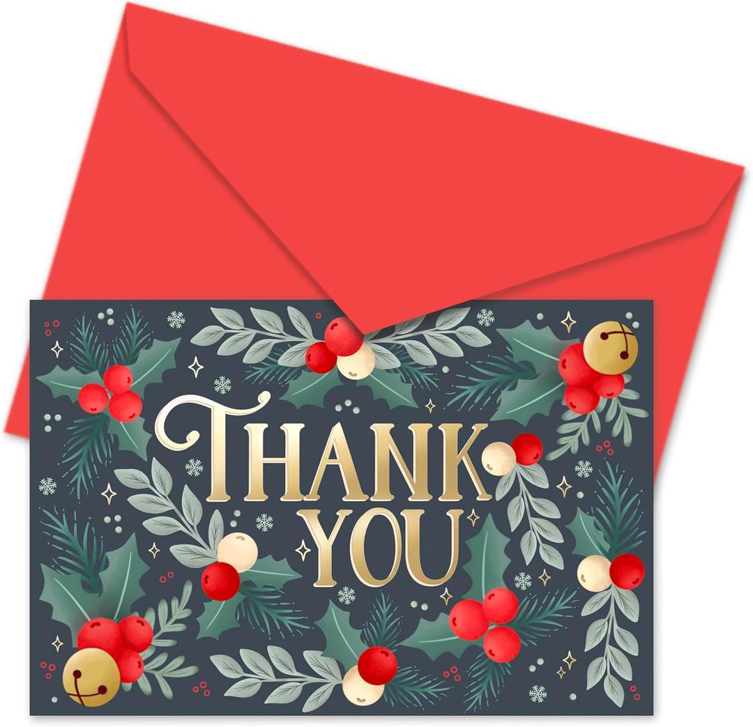 Honeyplum Christmas Thank You Cards With Envelopes - Set of 24 With Matching Color Envelopes & Gold Foil Stamp Lettering - Blank Inside