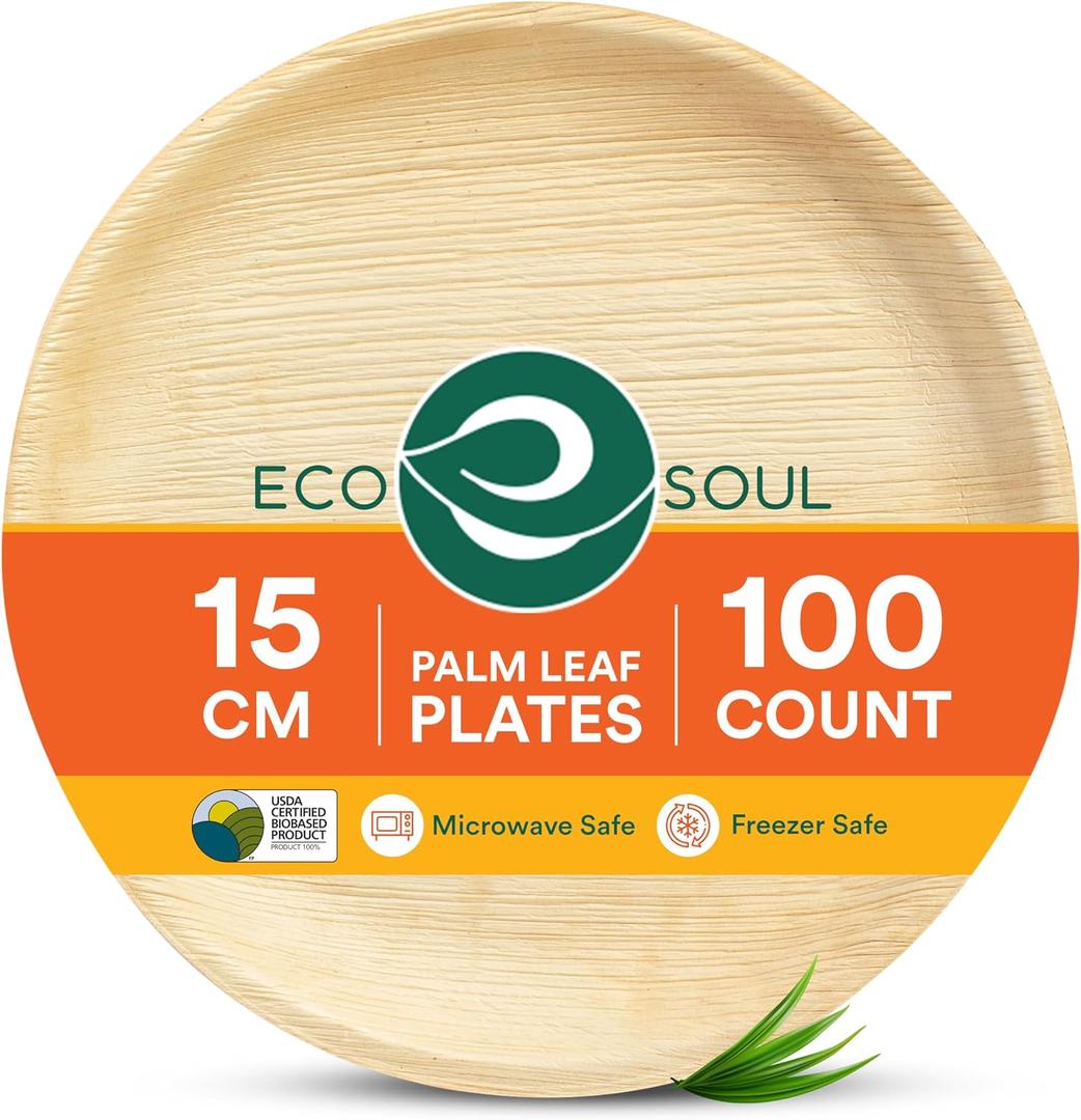 ECO SOUL Palm Leaf Like Bamboo Plates, 6 Inch Round, 100 Pack Bulk Disposable Appetizer & Dessert Tableware, Compostable Biodegradable Natural Wooden Small Party Plates for Wedding, Catering, Events