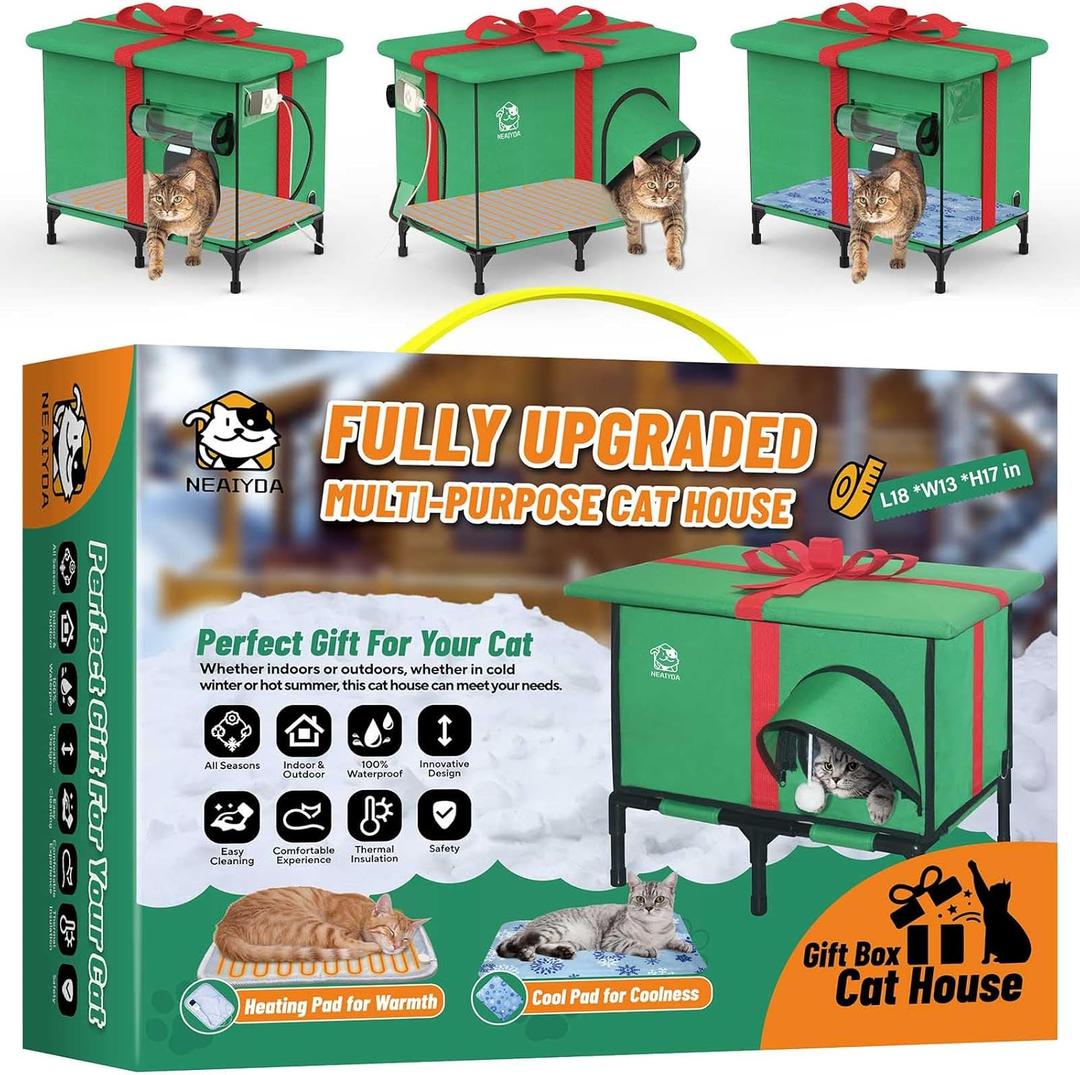 Outdoor Heated Cat House,Weatherproof and Insulated Outside Cat Shelter with Heated Pad and Cooling Pad(4 Seasons Universal),Gift Box for Cats.(Medium) (Green)