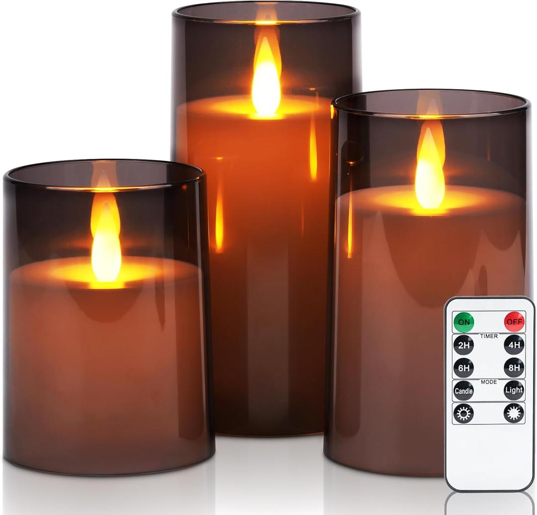 Homemory Realistic Flickering Flameless Candles Battery Operated, LED Fake Electric Candles with Remote Control and Timer for Home, Christmas Decoration, Grey, Set of 3 (D3"xH4"5"6", Gray)