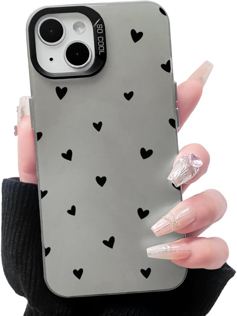 Lovmooful Compatible for iPhone 13 Case Cute Cool Heart Black Design for Girls Women PC+TPU Shockproof Protective Girly for iPhone 13-Small Heart