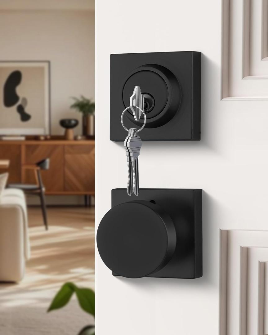 Black Door Knobs with Deadbolt, Heavy Duty Front Door Knob and Deadbolt Set, Exterior Door Knob with Single Cylinder Deadbolt Lock Set (1 Pack)