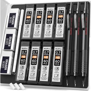 Nicpro 0.7 mm Mechanical Pencil Set with Case, 3 Metal Artist Pencil With 8 Tube HB Lead Refills, 3 Erasers, 9 Eraser Refills For Architect Art Writing Drafting Drawing, Engineering, Sketching, Black