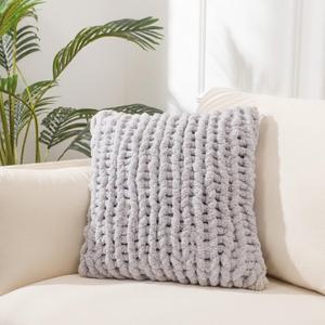 GARLVCAL Grey Chunky Knit Throw Pillow Covers 1PC 18"18" Square Luxury Style Crochet Pillow Case Fur Pillowcases Decorative Pillow Shell for Sofa Bedroom Cushion