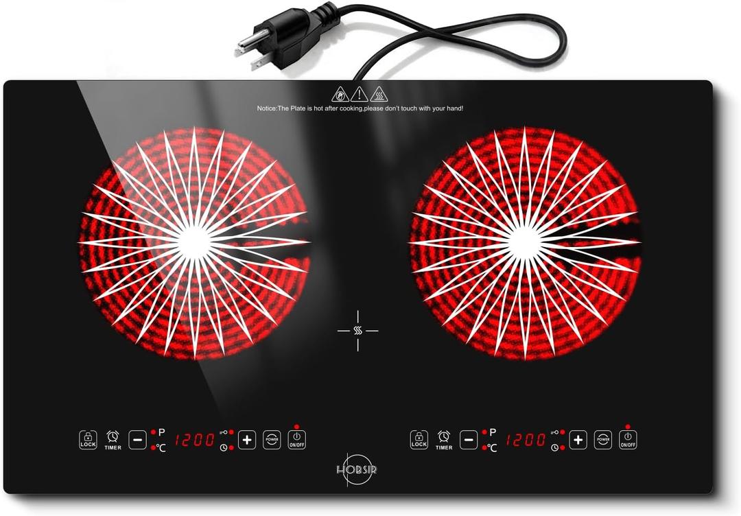 Hobsir 2 Burner Electric Cooktop 110V with Plug, 2000W Independent Power, 24 Inch PF602SGB-1