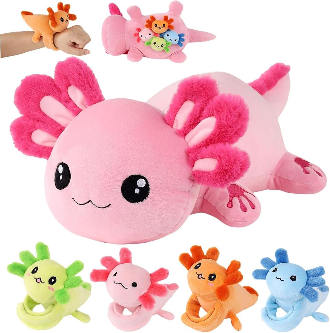 5 in 1 Axolotl Plush Toys for Girls Boys, 18" Mommy Axolotl Stuffed Animal with 4 Baby Axolotls Pink Stuffed Axolotl Plush with Babies Axolotl Plushies for Kids Toddler Birthday Christmas Plush Gifts
